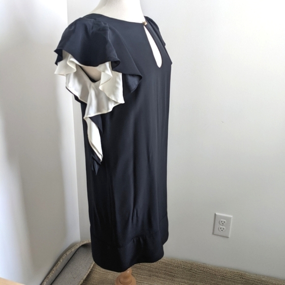 SILK Flutter Sleeve Low Back Black Midi Dress Keyhole S - Picture 5 of 15